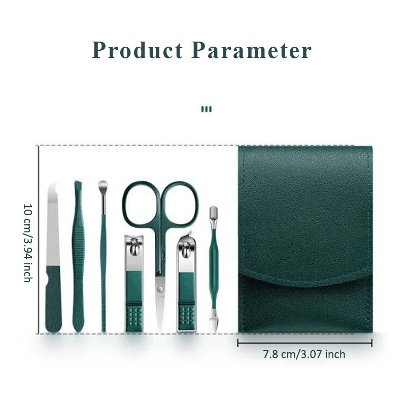 7 Pcs Green Portable Manicure Sets Pedicure Kits Nail Clipper Set Eyebrow Scissors Earpick Personal Care Tools Traval