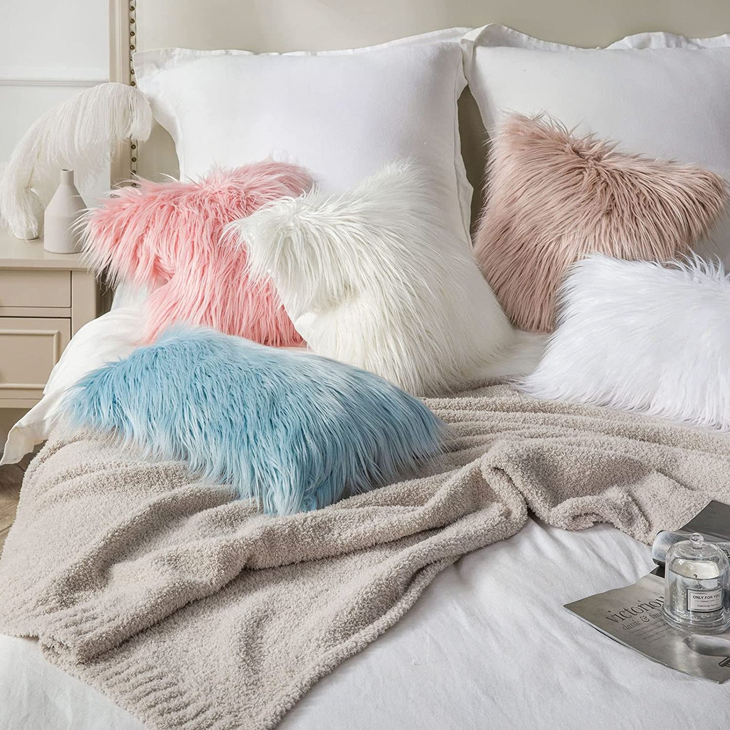 Faux Fur Solid Decorative Pillow Cover Fluffy Throw Pillow Mongolian Luxury Fuzzy Pillow Case Cushion Cover for Bedroom and Couch, True White 20 X 20 Inches, Pack of 1