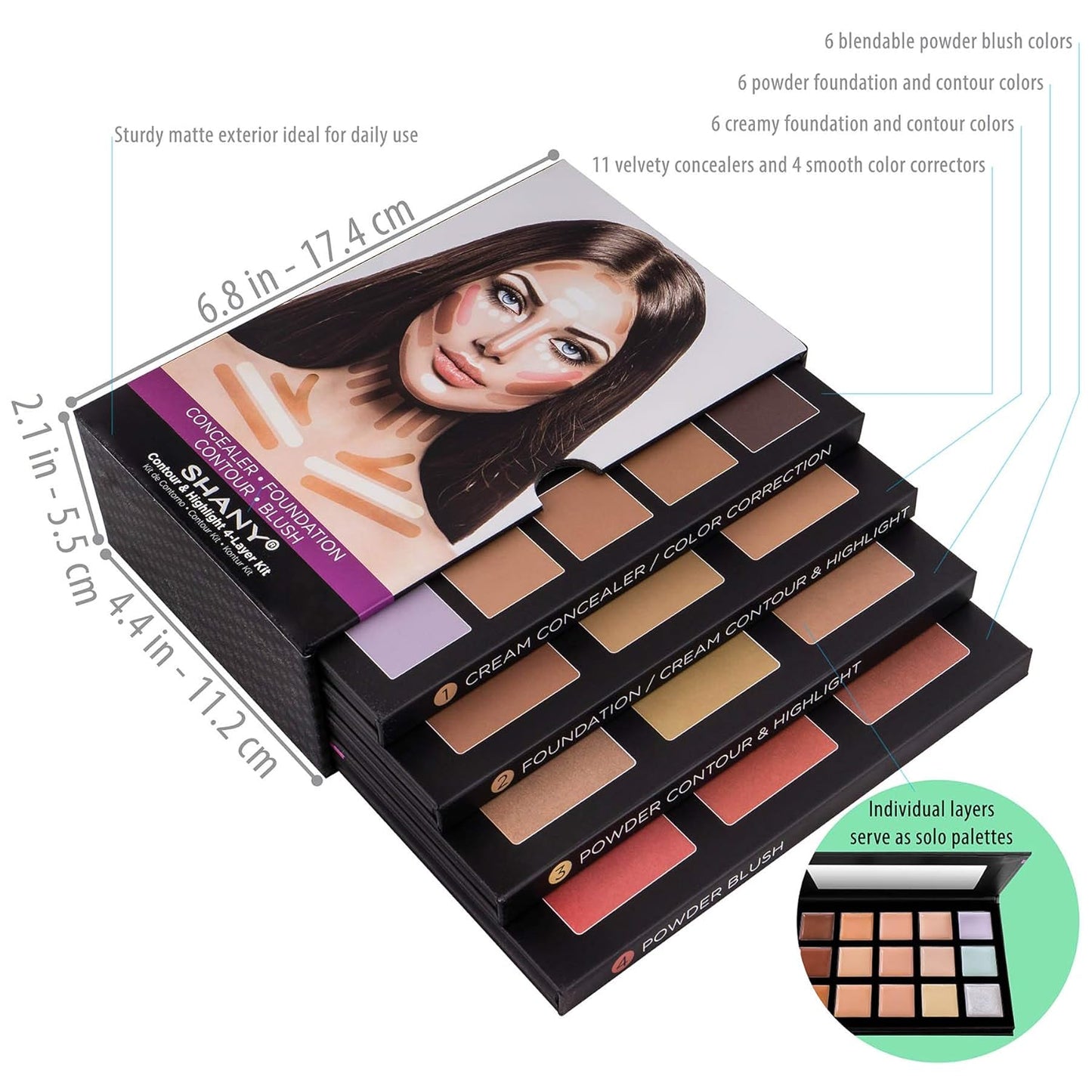 4-Layer Contour and Highlight Makeup Kit - Set of Concealer Palette, Color Corrector, Makeup Foundation Palette, Contour Highlight Palette, and Blush Palettes
