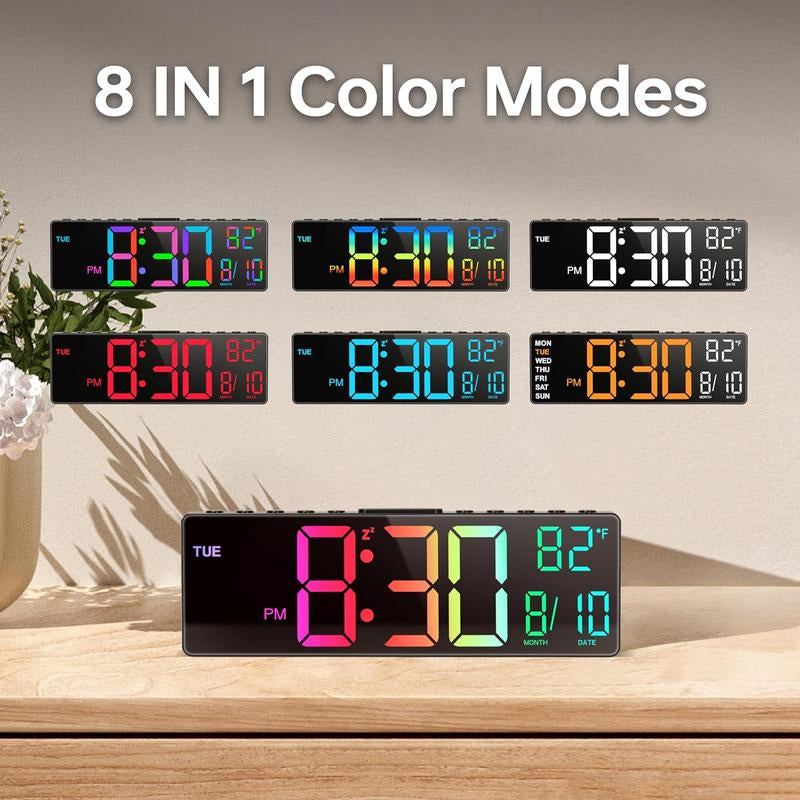 Digital Large Alarm Clock with 8-In-1 RGB Colors, Date, Month, Temperature LED Display, Auto DST for Desk, Wall, Living Room, Bedroom