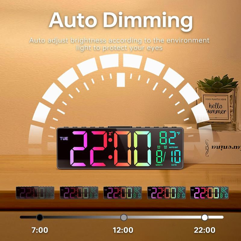 Digital Large Alarm Clock with 8-In-1 RGB Colors, Date, Month, Temperature LED Display, Auto DST for Desk, Wall, Living Room, Bedroom