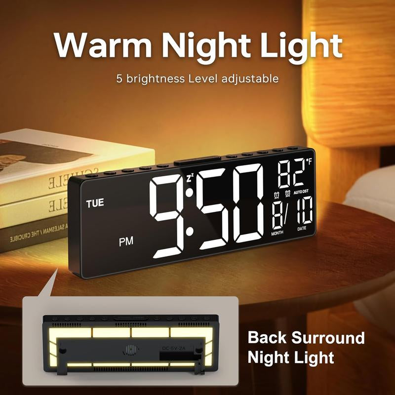 Digital Large Alarm Clock with 8-In-1 RGB Colors, Date, Month, Temperature LED Display, Auto DST for Desk, Wall, Living Room, Bedroom