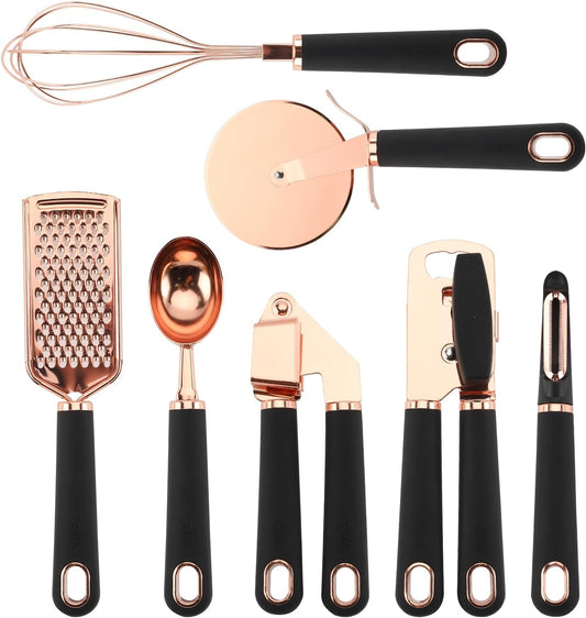 Kitchen Gadget Set Copper Plated Stainless Steel Utensils with Soft Touch Handles, Copper Black, 7 Pieces