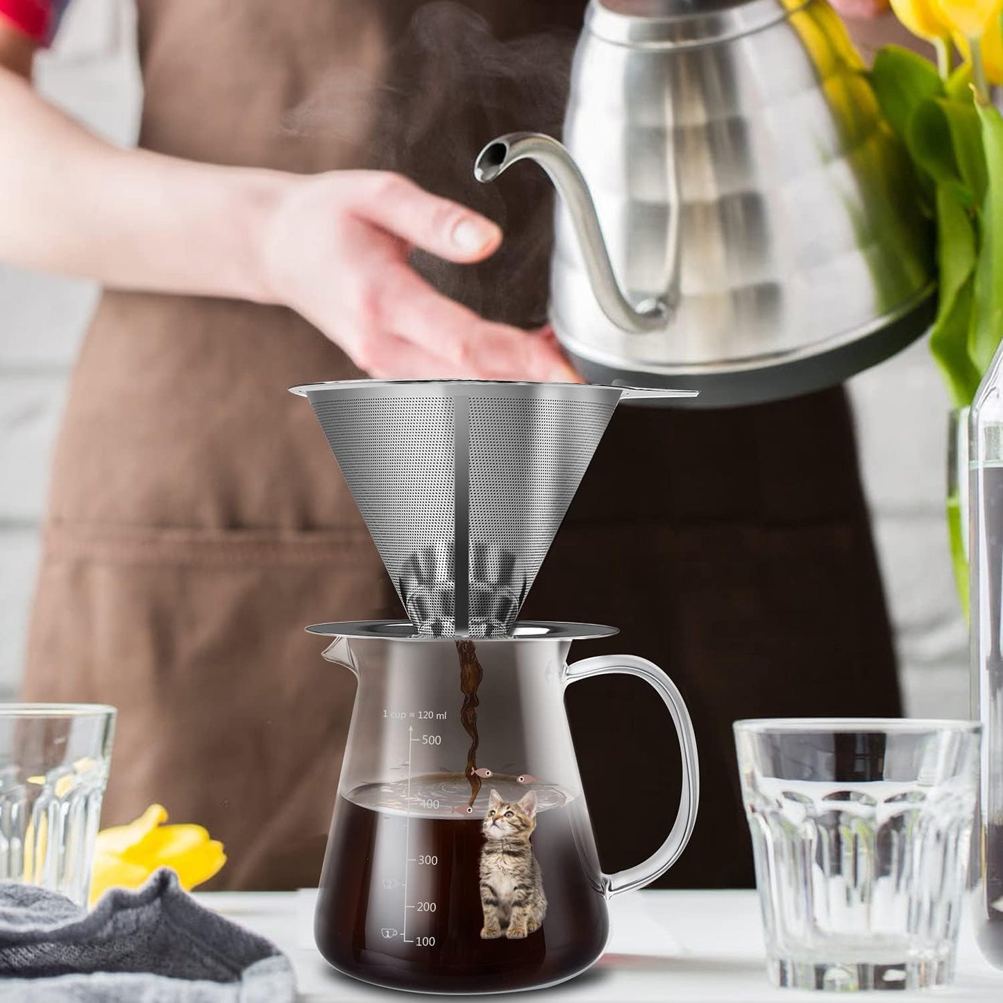 Comfome Pour over Coffee Maker 17 Oz, Drip Coffee Maker Pour over with High Heat-Resistant Carafe and Permanent Stainless Steel Filter, Portable Coffee Pour over Maker Perfect for Home or Office