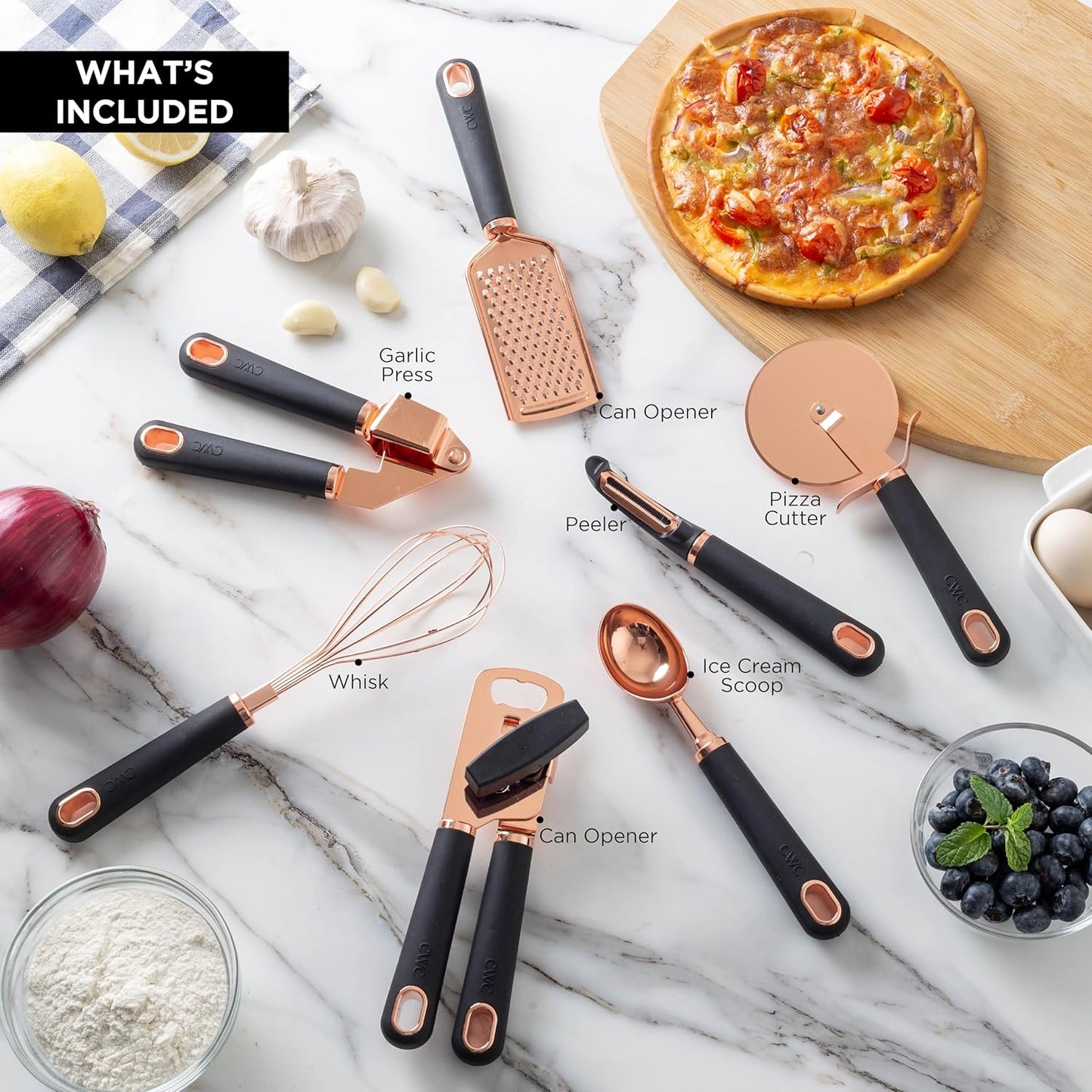 Kitchen Gadget Set Copper Plated Stainless Steel Utensils with Soft Touch Handles, Copper Black, 7 Pieces