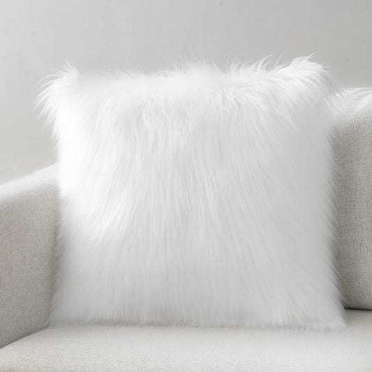 Faux Fur Solid Decorative Pillow Cover Fluffy Throw Pillow Mongolian Luxury Fuzzy Pillow Case Cushion Cover for Bedroom and Couch, True White 20 X 20 Inches, Pack of 1