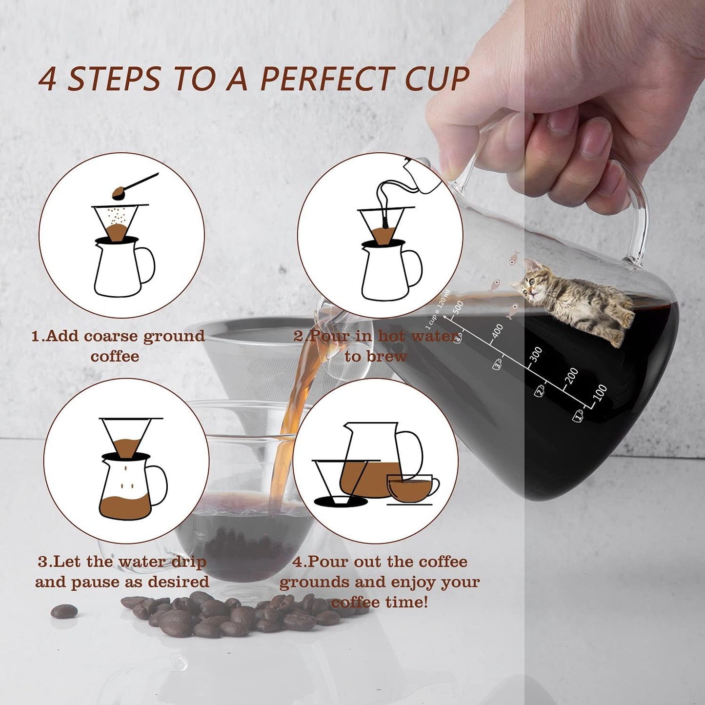 Comfome Pour over Coffee Maker 17 Oz, Drip Coffee Maker Pour over with High Heat-Resistant Carafe and Permanent Stainless Steel Filter, Portable Coffee Pour over Maker Perfect for Home or Office