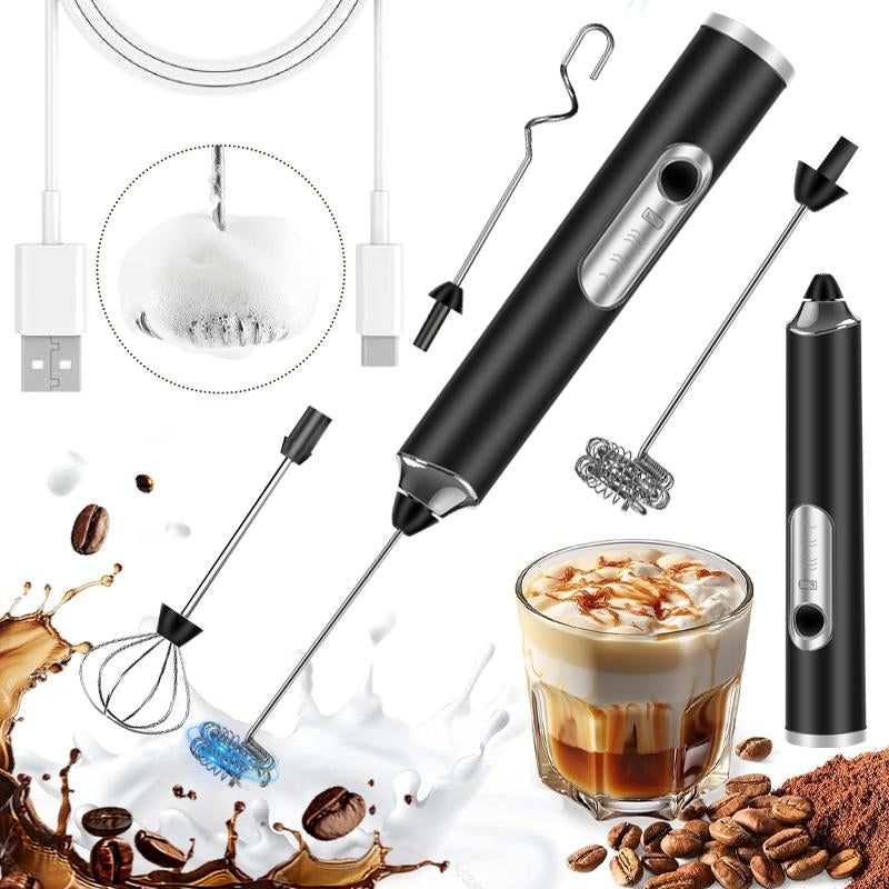 Portable Milk Frother with 3 Heads, USB Rechargeable Handheld Foam Maker, 3-Speed Adjustable Electric Whisk for Coffee, Latte, Hot Chocolate, Kitchen Supplies