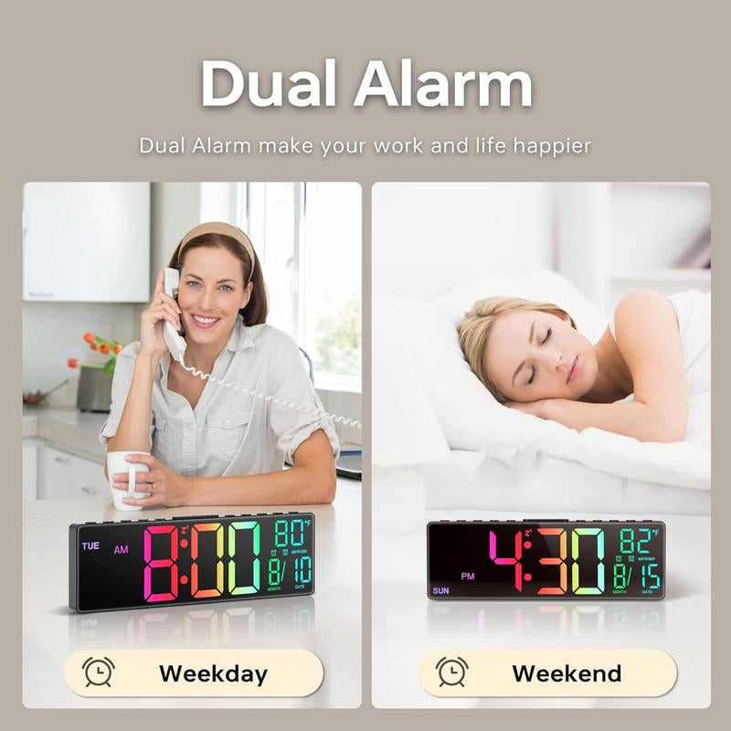 Digital Large Alarm Clock with 8-In-1 RGB Colors, Date, Month, Temperature LED Display, Auto DST for Desk, Wall, Living Room, Bedroom