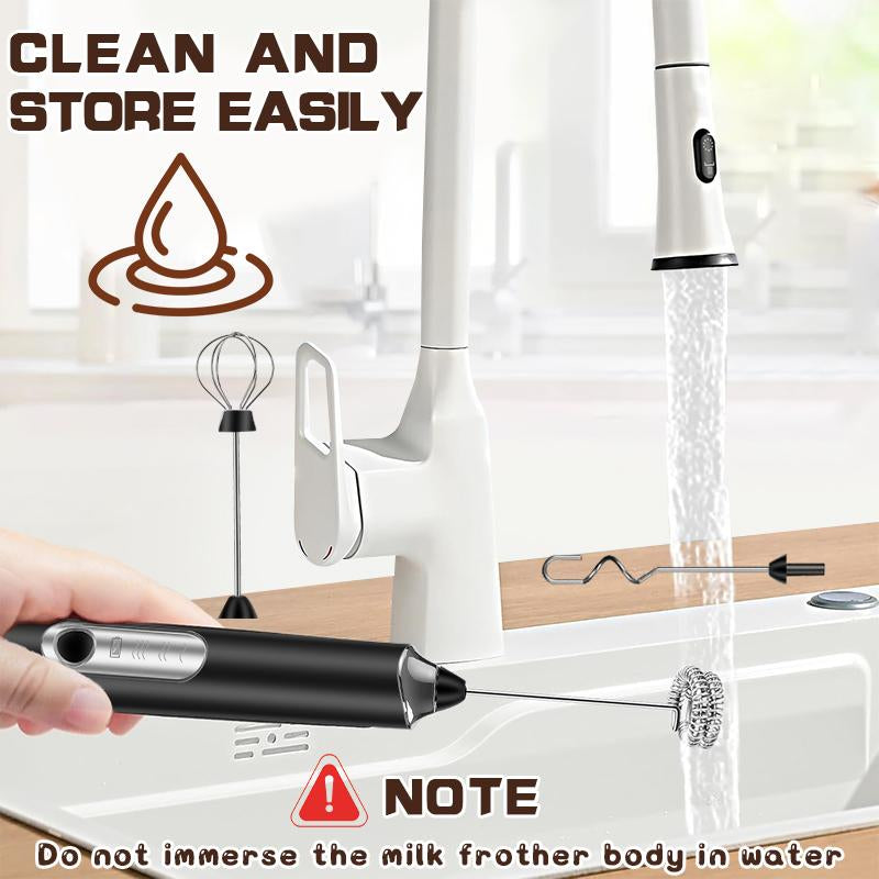 Portable Milk Frother with 3 Heads, USB Rechargeable Handheld Foam Maker, 3-Speed Adjustable Electric Whisk for Coffee, Latte, Hot Chocolate, Kitchen Supplies
