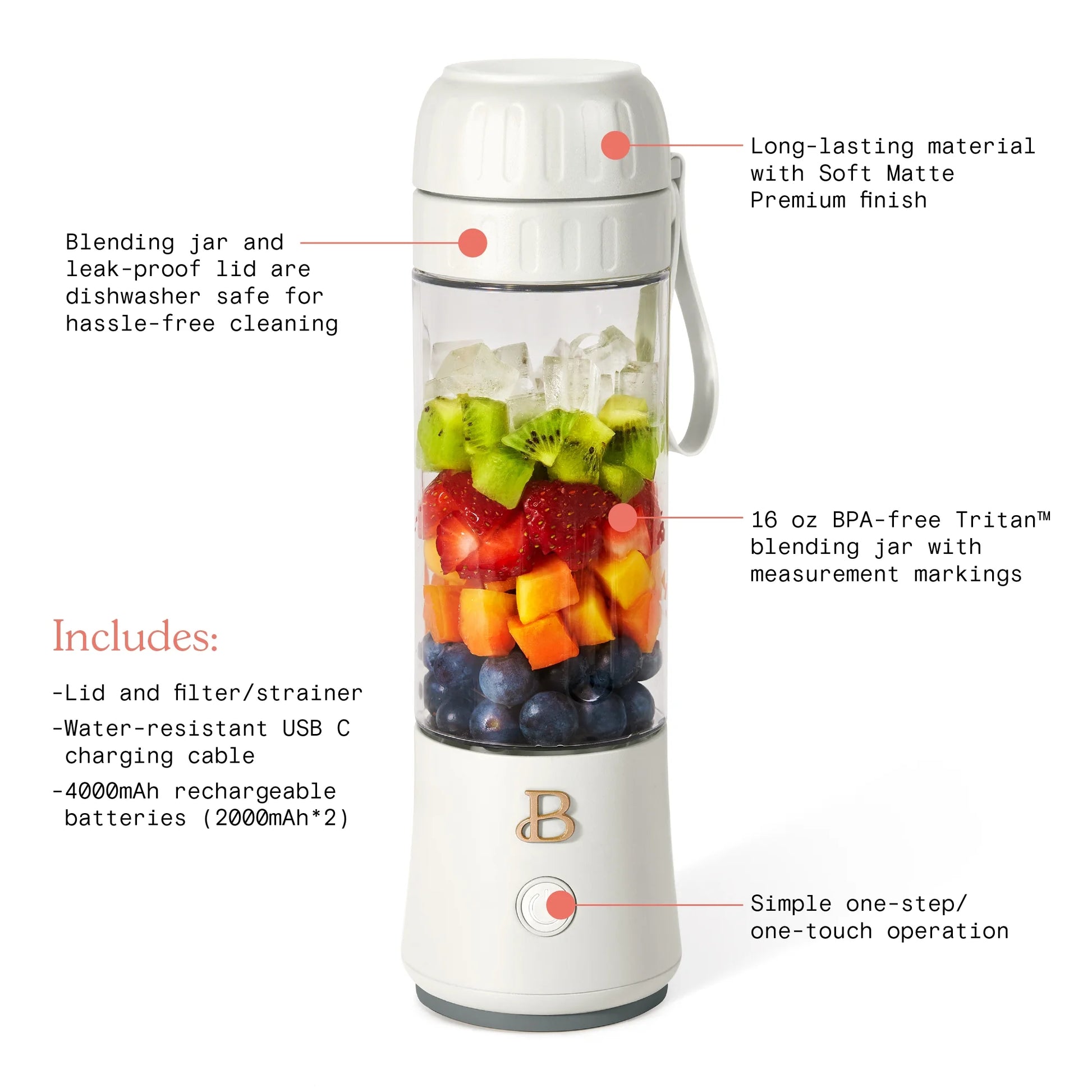Portable To-Go Blender 2.0, 70 W, 16 Oz, White Icing by Drew Barrymore