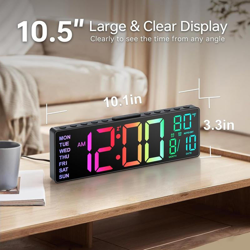 Digital Large Alarm Clock with 8-In-1 RGB Colors, Date, Month, Temperature LED Display, Auto DST for Desk, Wall, Living Room, Bedroom