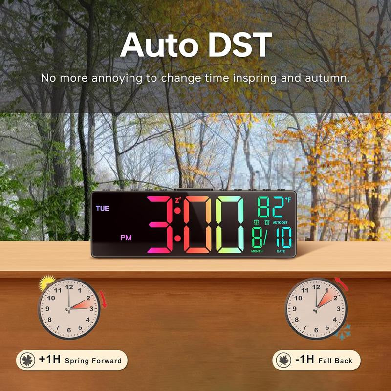 Digital Large Alarm Clock with 8-In-1 RGB Colors, Date, Month, Temperature LED Display, Auto DST for Desk, Wall, Living Room, Bedroom