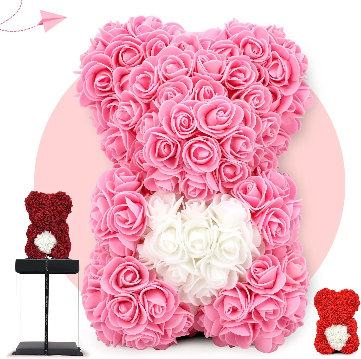 Birthday Gift for Women Rose, 10 Inch Rose Flower Bear Pink Rose Teddy Bear Mothers Day Mom Gifts - Gift for Mom, Girlfriend Gifts, Gifts for Girls & Bridal Showers - with Clear Gift Box (Pink)