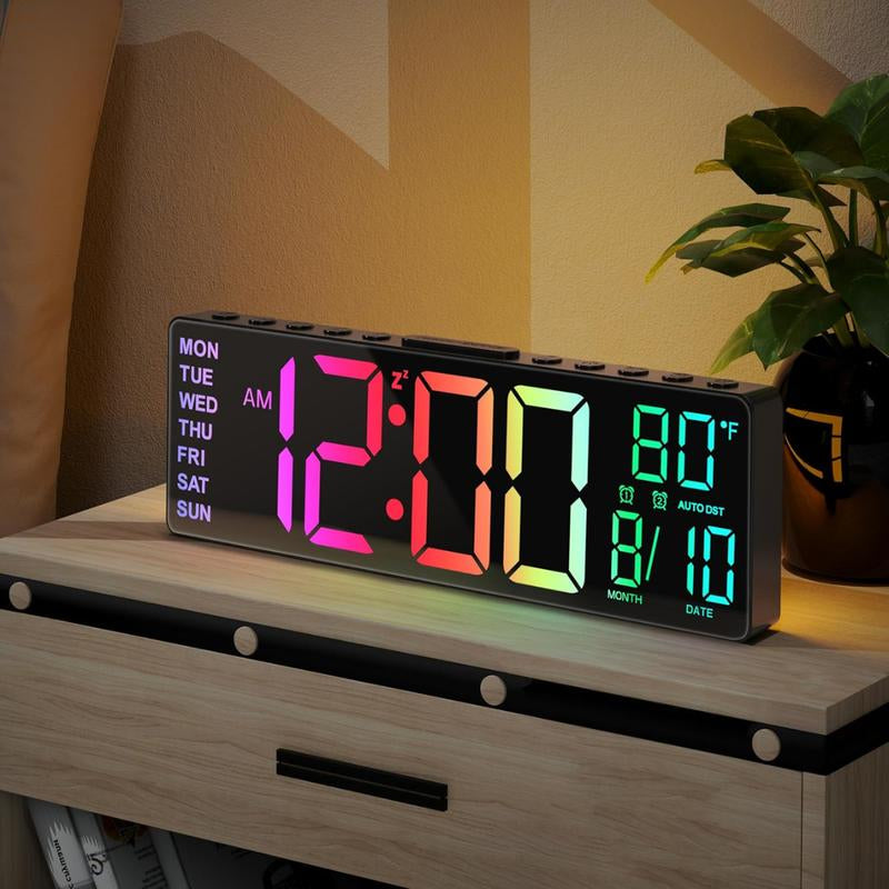 Digital Large Alarm Clock with 8-In-1 RGB Colors, Date, Month, Temperature LED Display, Auto DST for Desk, Wall, Living Room, Bedroom