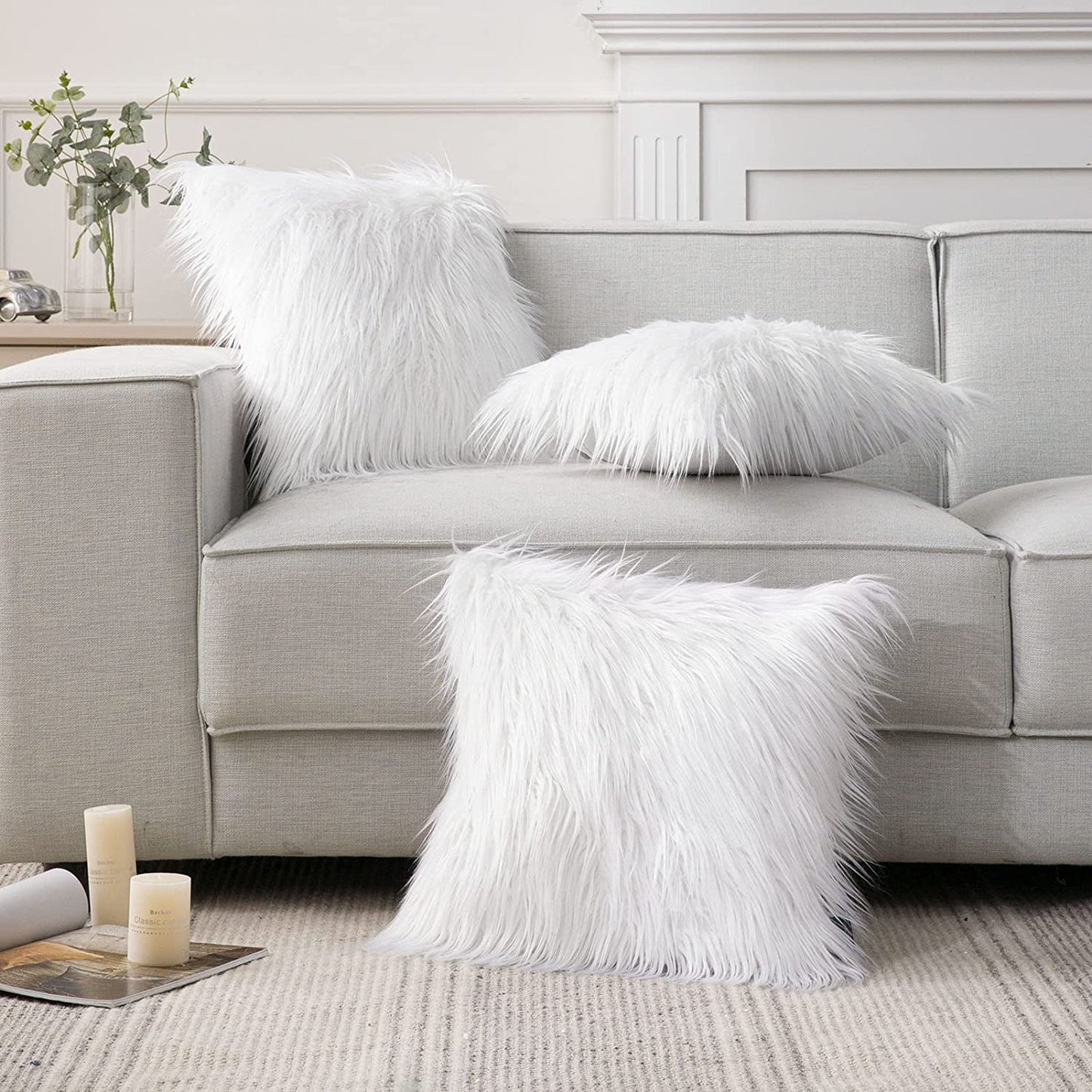 Faux Fur Solid Decorative Pillow Cover Fluffy Throw Pillow Mongolian Luxury Fuzzy Pillow Case Cushion Cover for Bedroom and Couch, True White 20 X 20 Inches, Pack of 1
