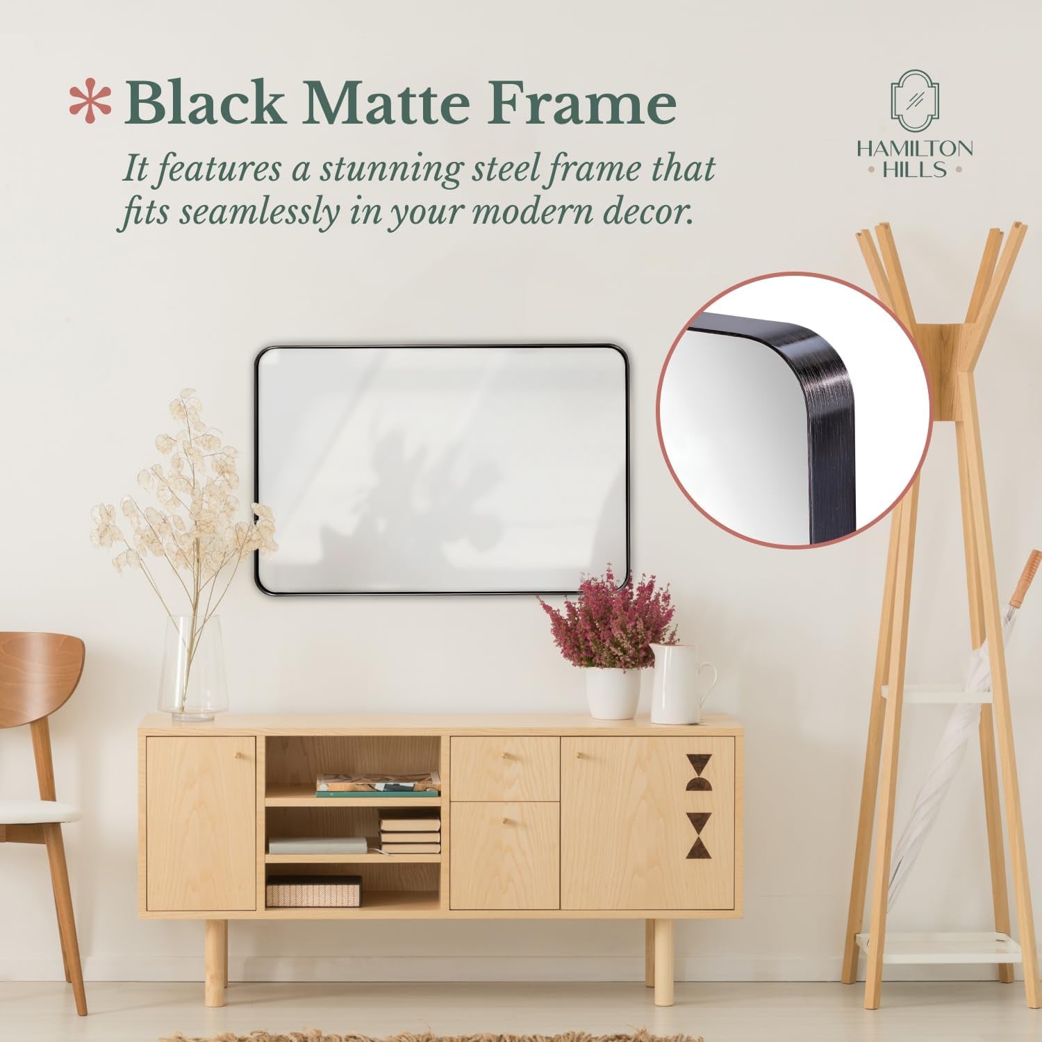 24X36 Inch Metal Black Frame Mirror for Bathroom - Brushed Rectangular Rounded Corner Vanity - 2" Deep Set Design Large Wall Mirrors Decorative - Hangs Horizontal and Vertical
