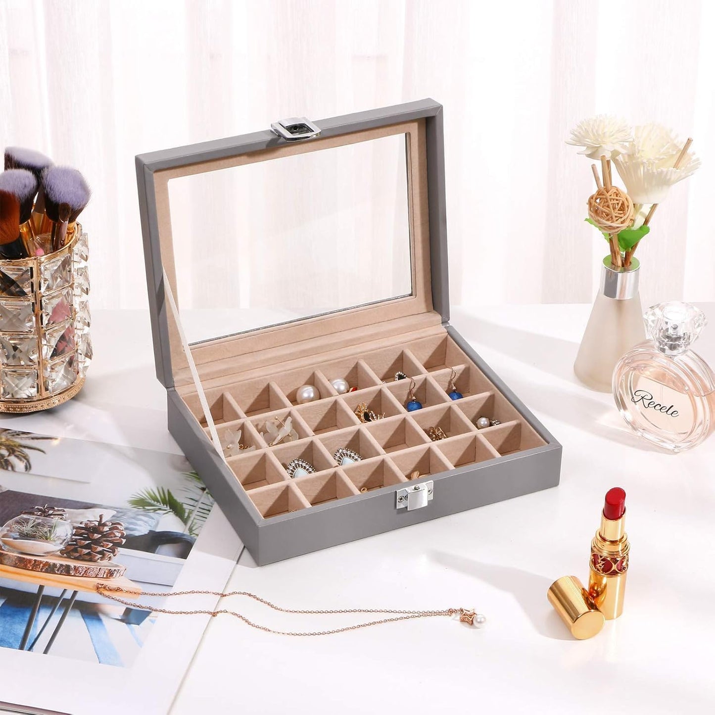 Earring Jewelry Box 24 Slots Earring Holder Organizer for Girls Women Gifts Jewelry Box for Earrings Display Storage Case with Clear Glass Top Grey SSH17H