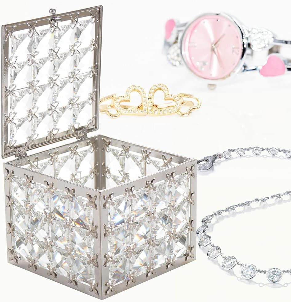 Square Crystal Jewelry Box Trinket Organizer Earrings Rings Box Treasure Storage Keepsake Mirror Surface with Lid,Mothers Day Gifts,Valentines Gift
