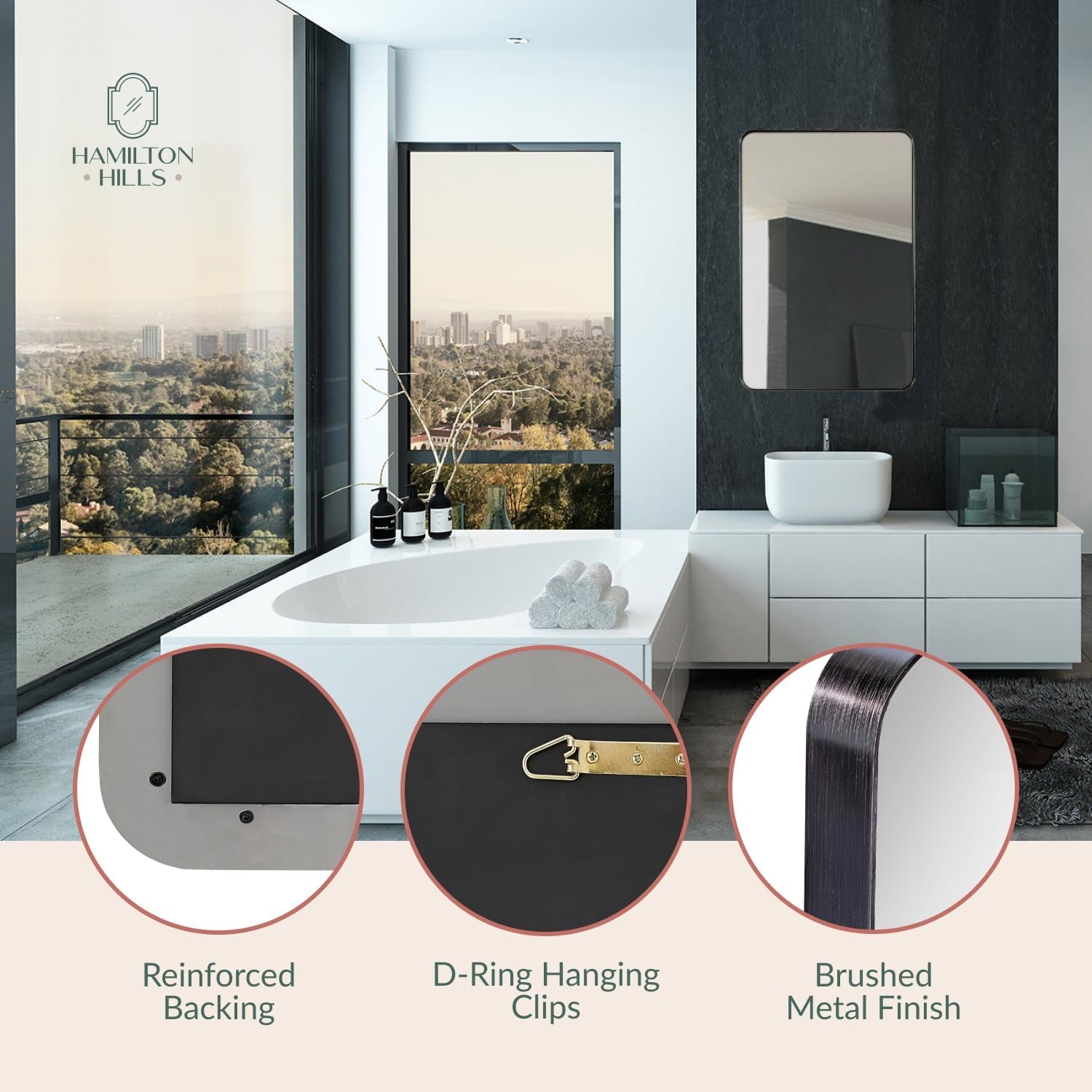 24X36 Inch Metal Black Frame Mirror for Bathroom - Brushed Rectangular Rounded Corner Vanity - 2" Deep Set Design Large Wall Mirrors Decorative - Hangs Horizontal and Vertical