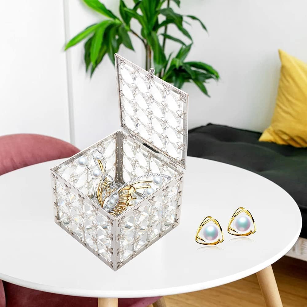 Square Crystal Jewelry Box Trinket Organizer Earrings Rings Box Treasure Storage Keepsake Mirror Surface with Lid,Mothers Day Gifts,Valentines Gift