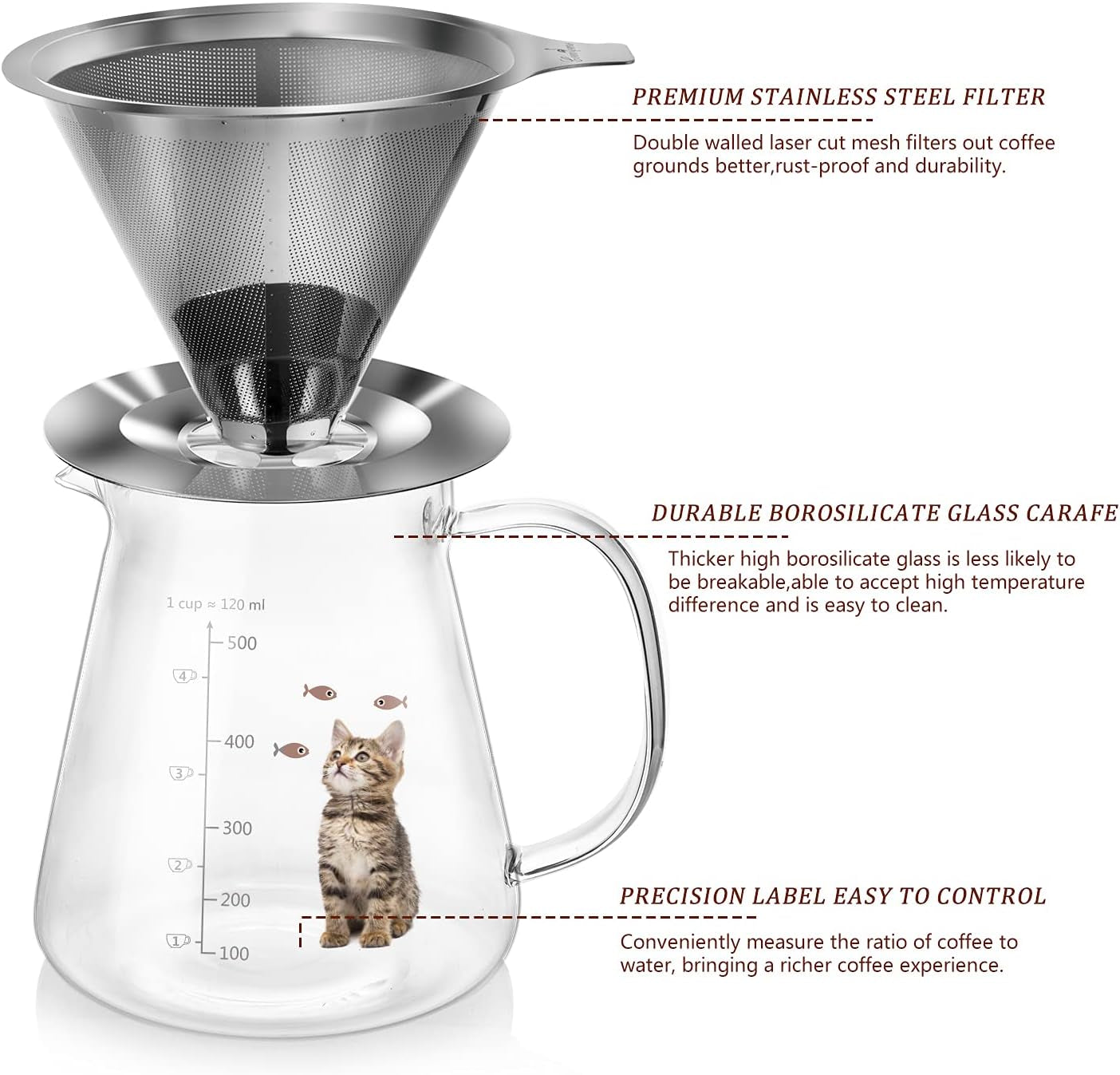 Comfome Pour over Coffee Maker 17 Oz, Drip Coffee Maker Pour over with High Heat-Resistant Carafe and Permanent Stainless Steel Filter, Portable Coffee Pour over Maker Perfect for Home or Office