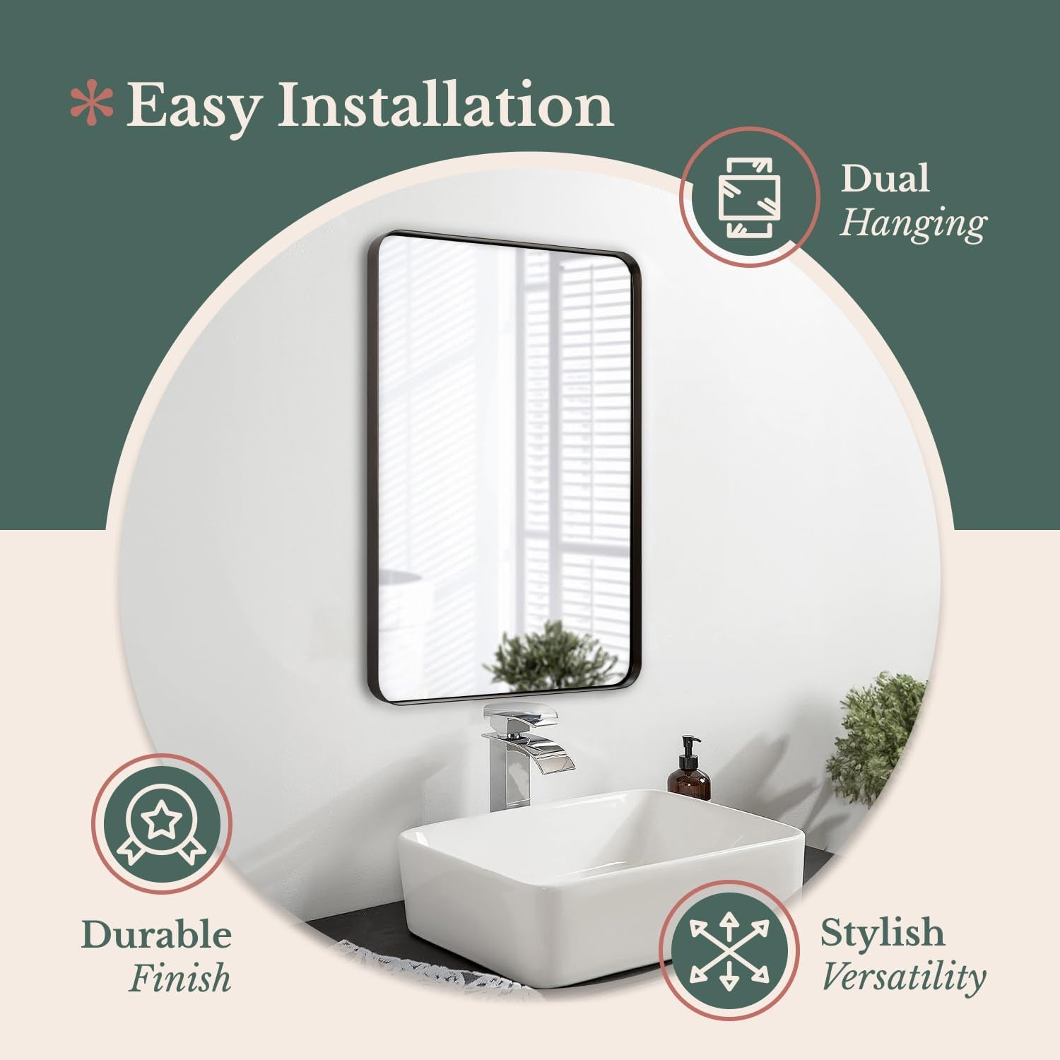 24X36 Inch Metal Black Frame Mirror for Bathroom - Brushed Rectangular Rounded Corner Vanity - 2" Deep Set Design Large Wall Mirrors Decorative - Hangs Horizontal and Vertical