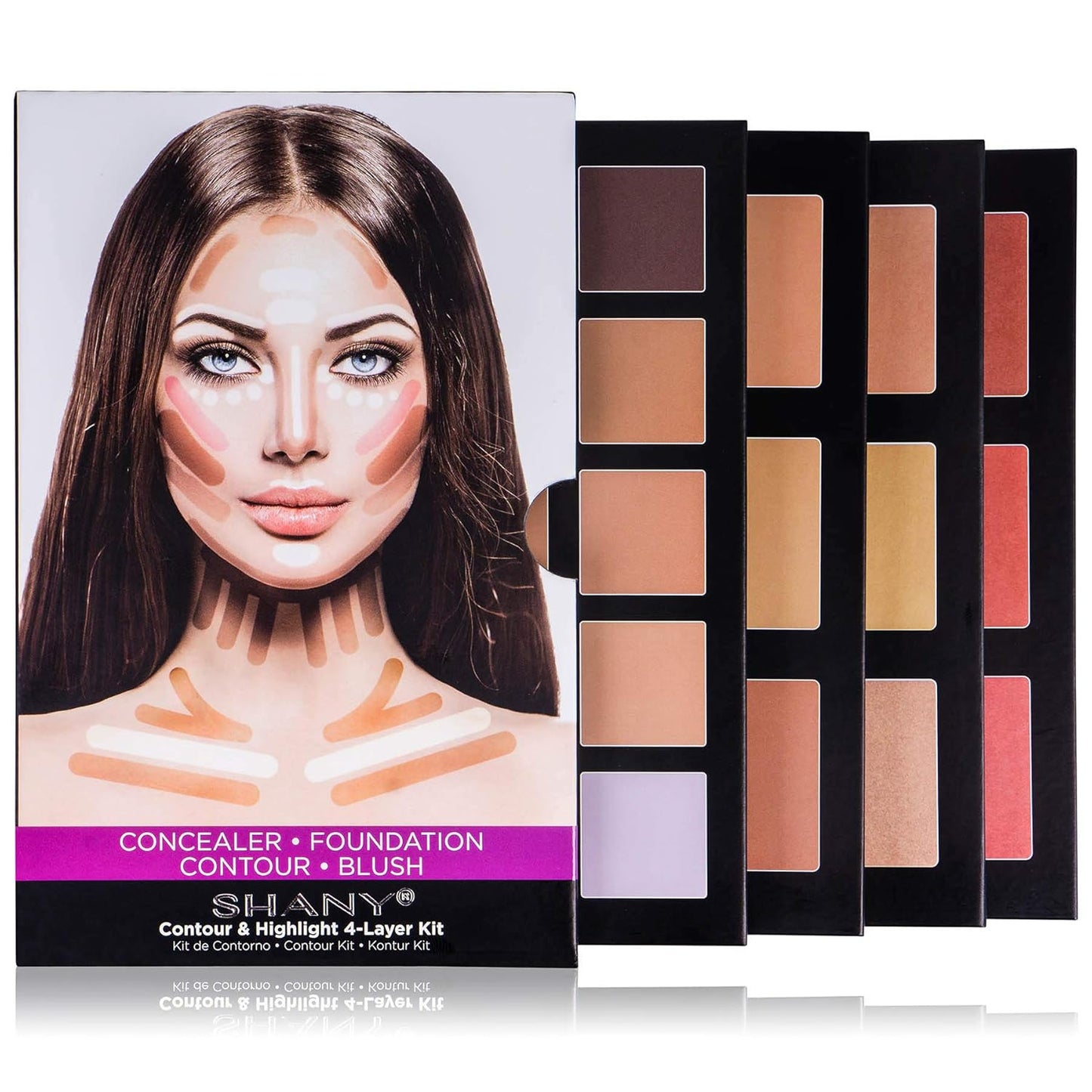 4-Layer Contour and Highlight Makeup Kit - Set of Concealer Palette, Color Corrector, Makeup Foundation Palette, Contour Highlight Palette, and Blush Palettes
