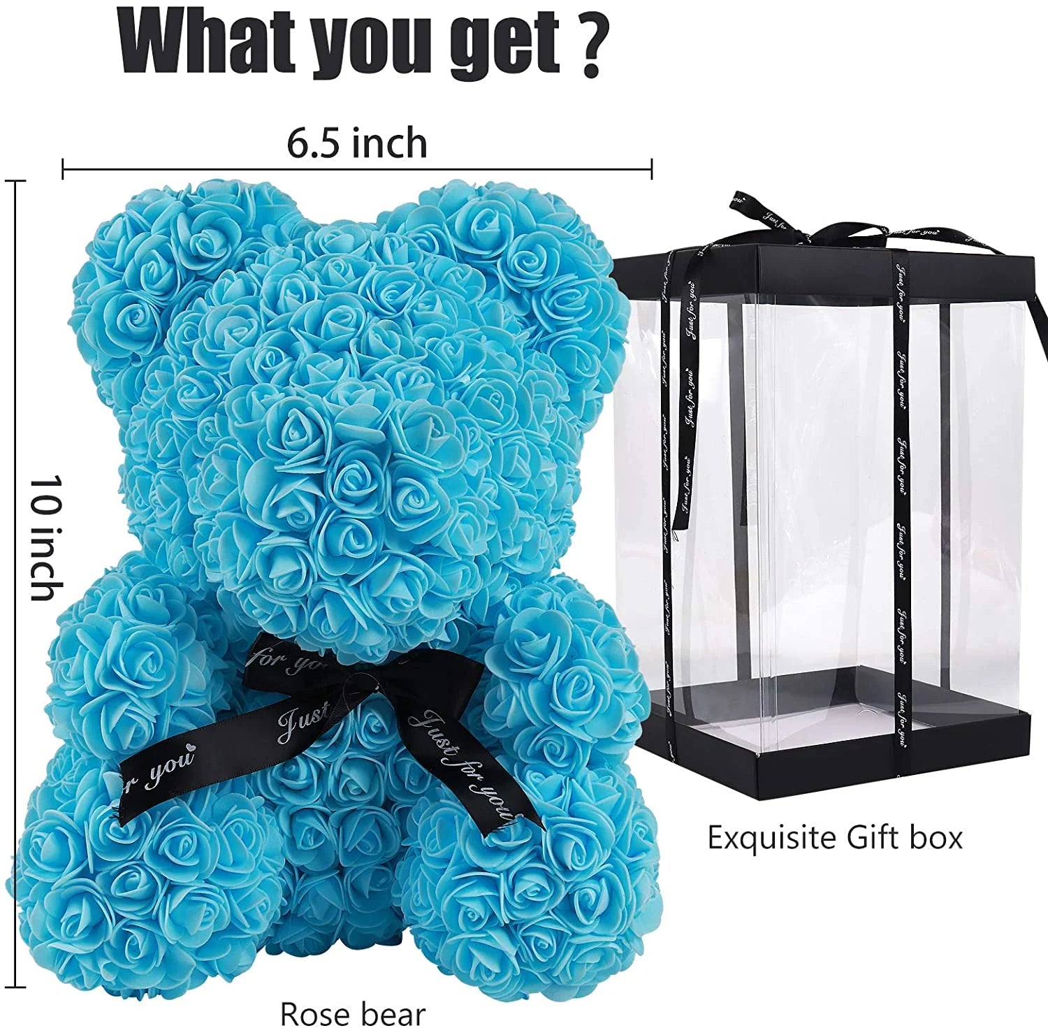 Blue Artificial Rose Flowers Bear 10 Inch Wedding Party Decoration Gift Box