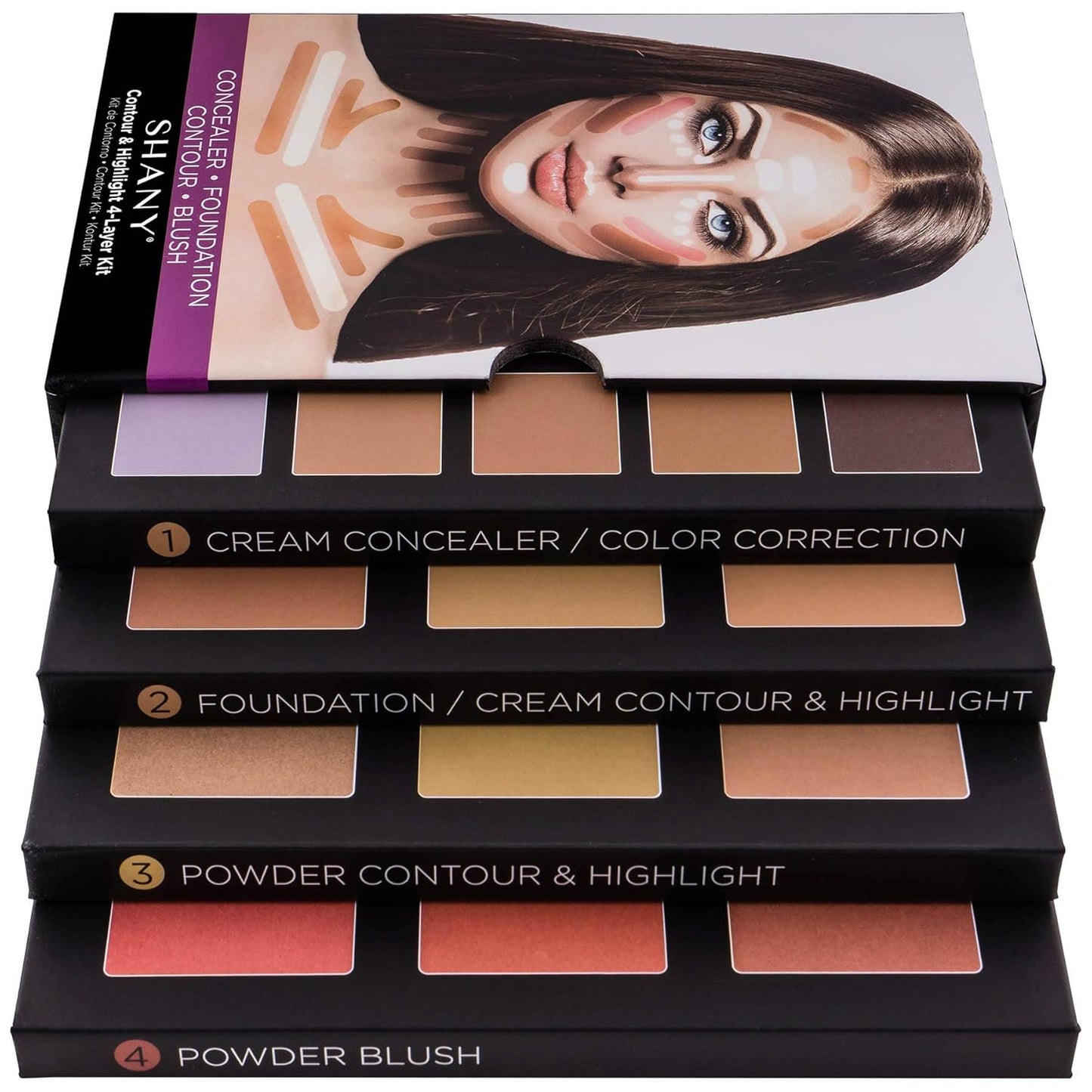 4-Layer Contour and Highlight Makeup Kit - Set of Concealer Palette, Color Corrector, Makeup Foundation Palette, Contour Highlight Palette, and Blush Palettes