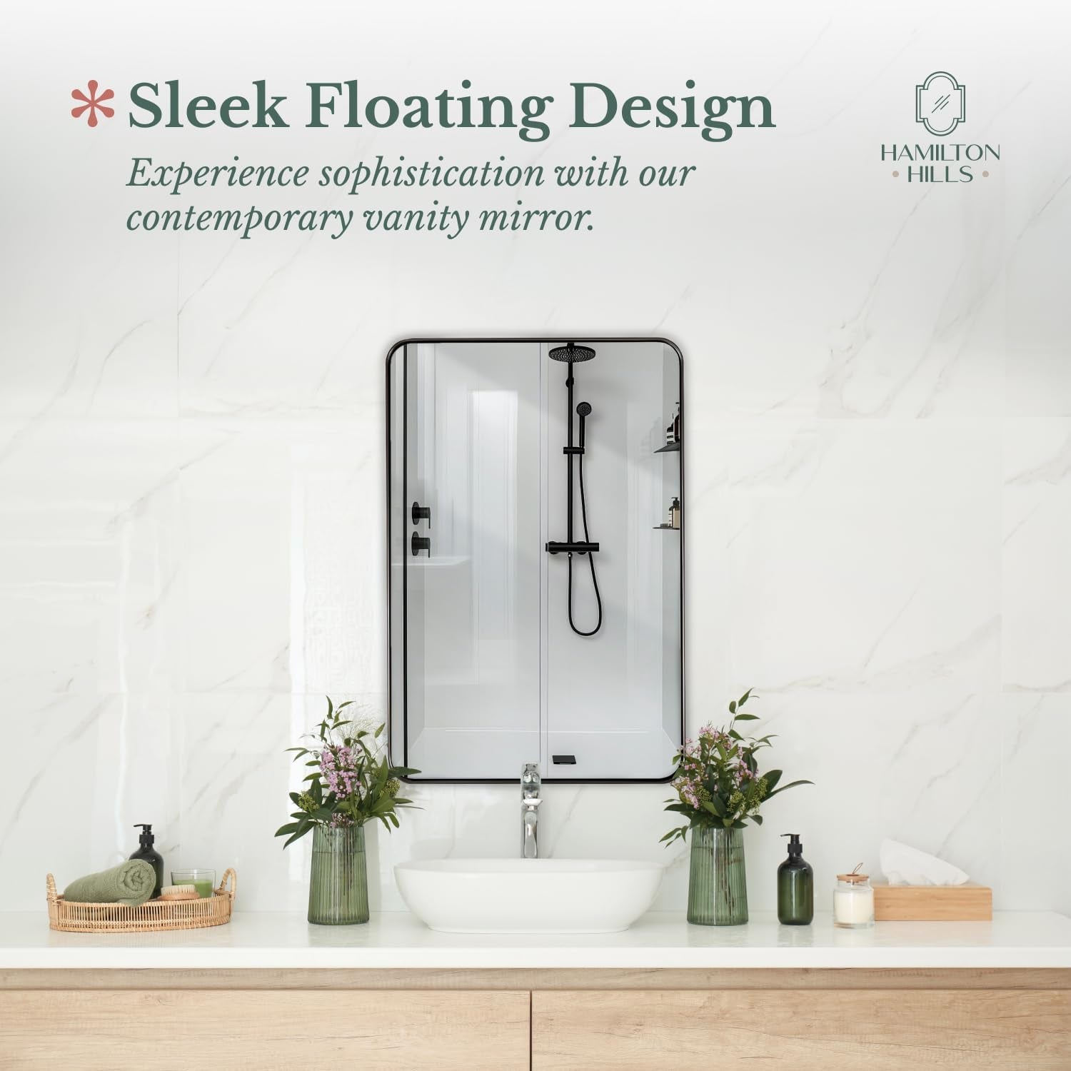 24X36 Inch Metal Black Frame Mirror for Bathroom - Brushed Rectangular Rounded Corner Vanity - 2" Deep Set Design Large Wall Mirrors Decorative - Hangs Horizontal and Vertical