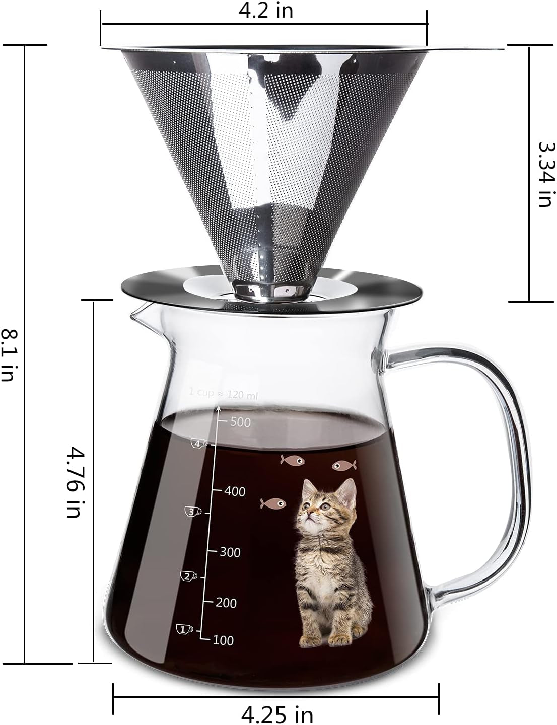 Comfome Pour over Coffee Maker 17 Oz, Drip Coffee Maker Pour over with High Heat-Resistant Carafe and Permanent Stainless Steel Filter, Portable Coffee Pour over Maker Perfect for Home or Office