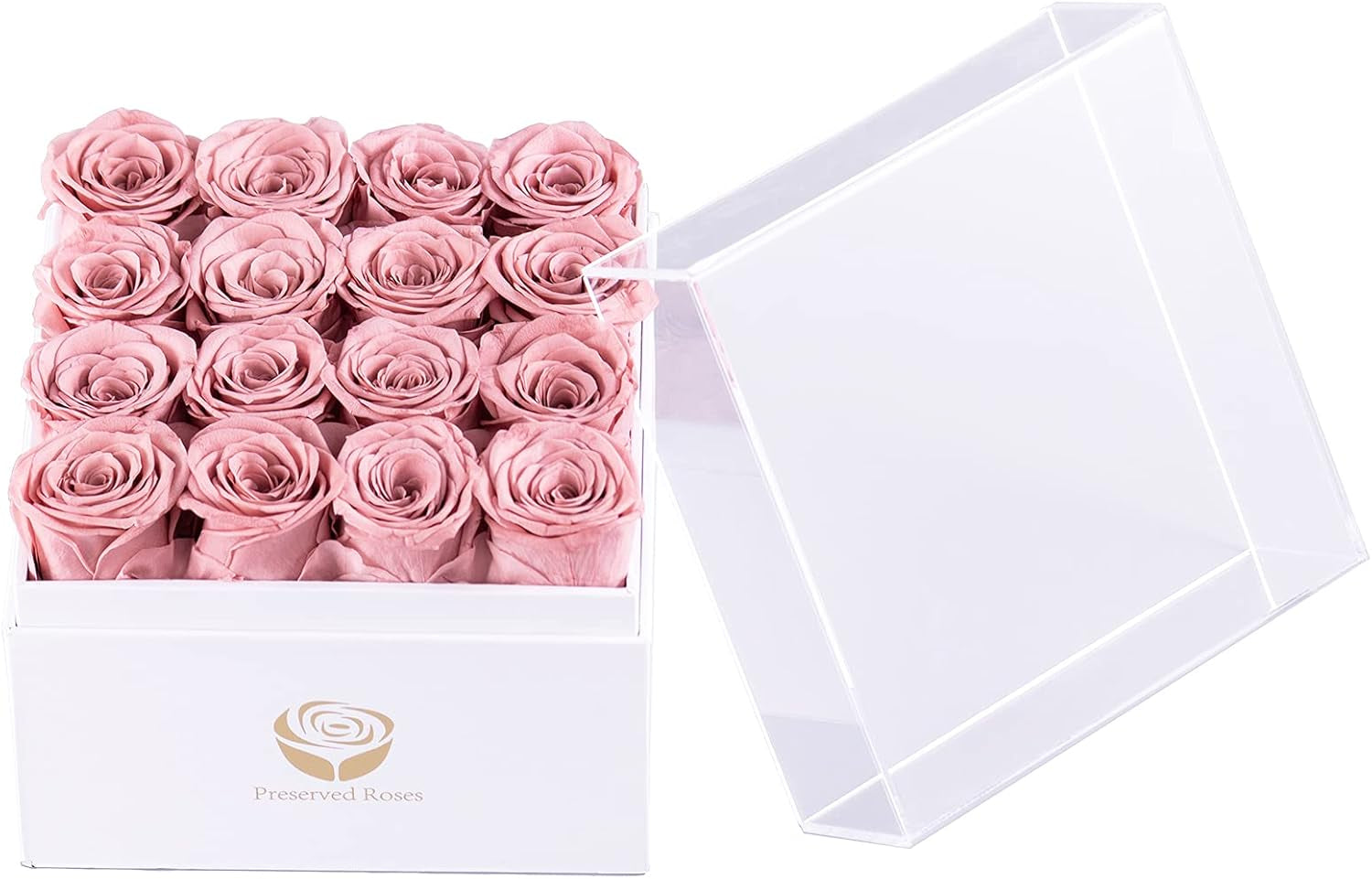 Preserved Real Roses in a Box, Rose Box Gifts for Her, Eternal Roses in a Box, Romantic Gifts for Her, Gift Box for Her/Women/Mother/Friend (16 Pink Roses, Square White Box)