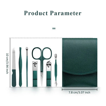 7 Pcs Green Portable Manicure Sets Pedicure Kits Nail Clipper Set Eyebrow Scissors Earpick Personal Care Tools Traval