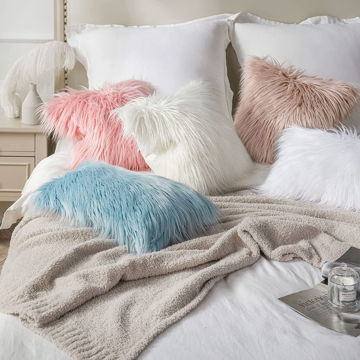 Faux Fur Solid Decorative Pillow Cover Fluffy Throw Pillow Mongolian Luxury Fuzzy Pillow Case Cushion Cover for Bedroom and Couch, True White 20 X 20 Inches, Pack of 1
