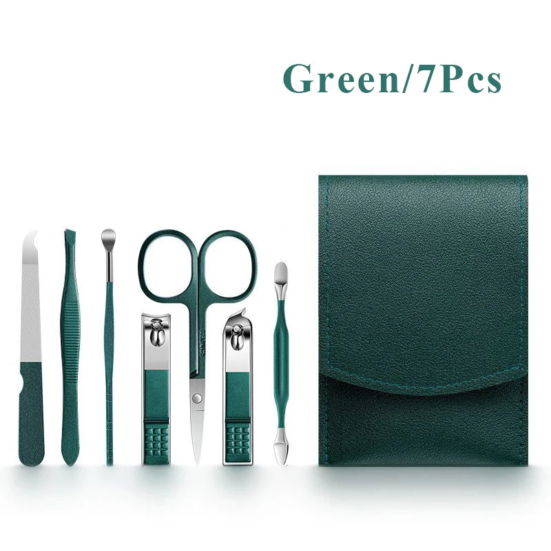 7 Pcs Green Portable Manicure Sets Pedicure Kits Nail Clipper Set Eyebrow Scissors Earpick Personal Care Tools Traval