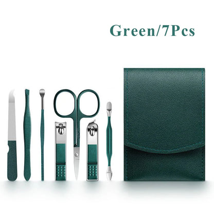 7 Pcs Green Portable Manicure Sets Pedicure Kits Nail Clipper Set Eyebrow Scissors Earpick Personal Care Tools Traval