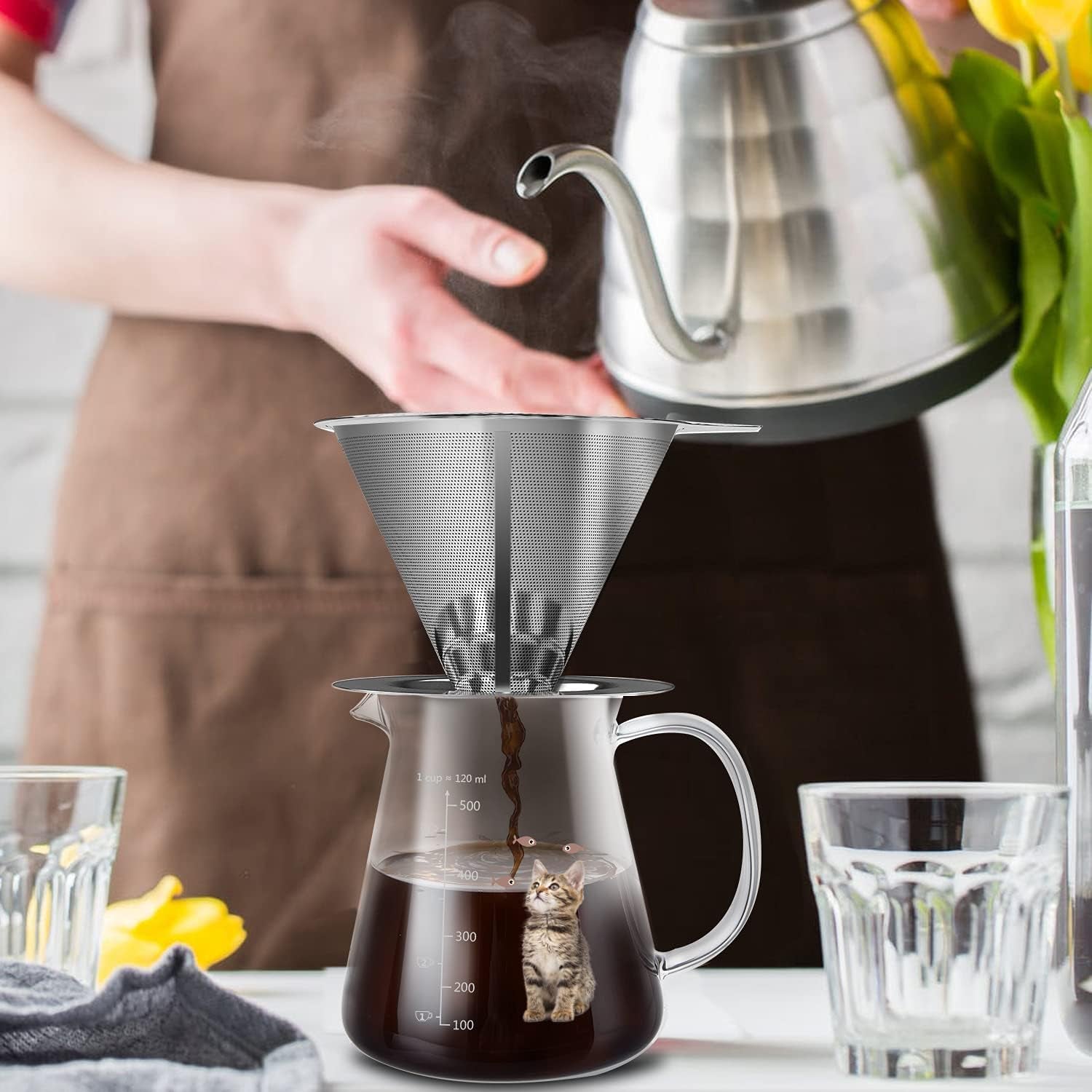 Comfome Pour over Coffee Maker 17 Oz, Drip Coffee Maker Pour over with High Heat-Resistant Carafe and Permanent Stainless Steel Filter, Portable Coffee Pour over Maker Perfect for Home or Office