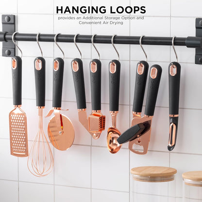Kitchen Gadget Set Copper Plated Stainless Steel Utensils with Soft Touch Handles, Copper Black, 7 Pieces