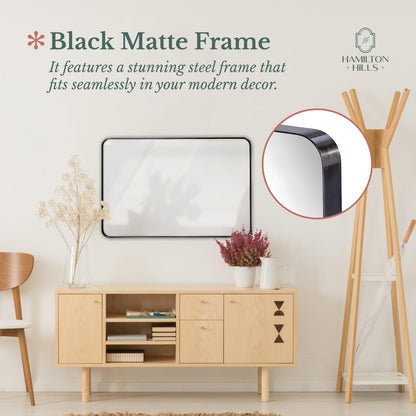 24X36 Inch Metal Black Frame Mirror for Bathroom - Brushed Rectangular Rounded Corner Vanity - 2" Deep Set Design Large Wall Mirrors Decorative - Hangs Horizontal and Vertical