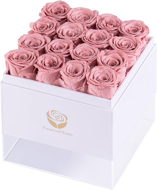 Preserved Real Roses in a Box, Rose Box Gifts for Her, Eternal Roses in a Box, Romantic Gifts for Her, Gift Box for Her/Women/Mother/Friend (16 Pink Roses, Square White Box)