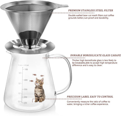 Comfome Pour over Coffee Maker 17 Oz, Drip Coffee Maker Pour over with High Heat-Resistant Carafe and Permanent Stainless Steel Filter, Portable Coffee Pour over Maker Perfect for Home or Office