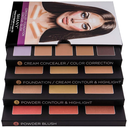 4-Layer Contour and Highlight Makeup Kit - Set of Concealer Palette, Color Corrector, Makeup Foundation Palette, Contour Highlight Palette, and Blush Palettes